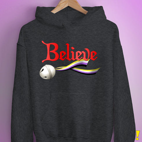 Believe Nonbinary Pride Jingle Bell Hoodie - Dark Grey Heather